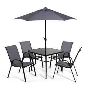 The Lancaster - Black and Grey Metal 4 Seat Garden Dining Set including Parasol