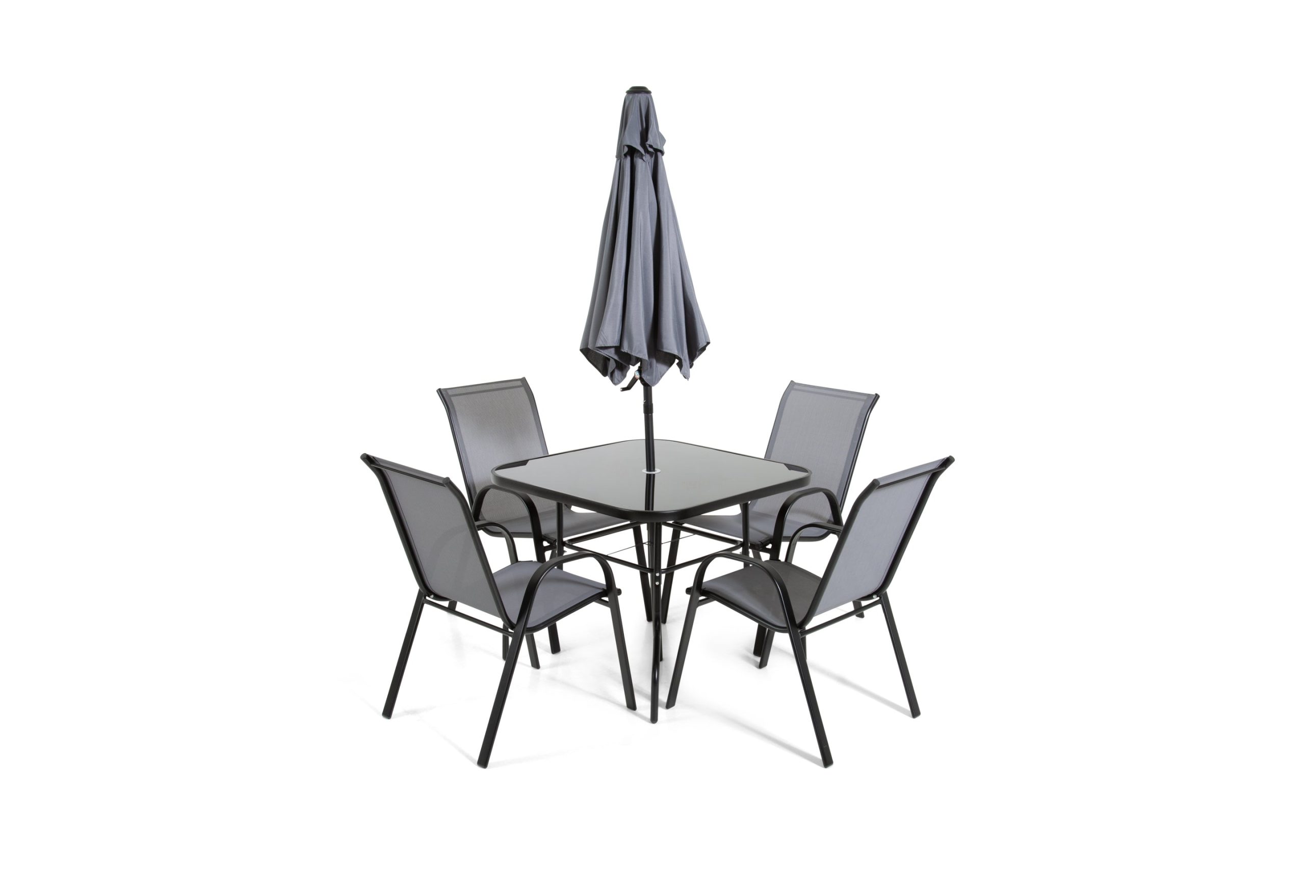 The Lancaster - Black and Grey Metal 4 Seat Garden Dining Set including Parasol - Image 2