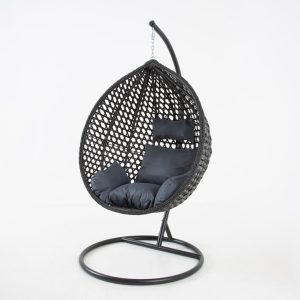 The Onyx Black Hanging Swing Pod Egg Chair - Large with deep Grey Cushions
