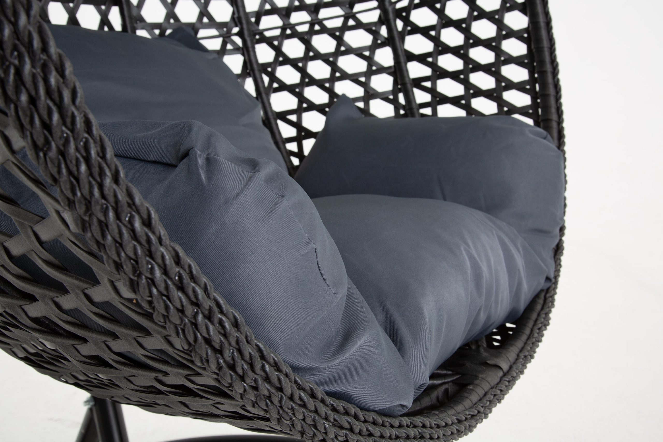 The Onyx Black Hanging Swing Pod Egg Chair - Large with deep Grey Cushions - Image 5