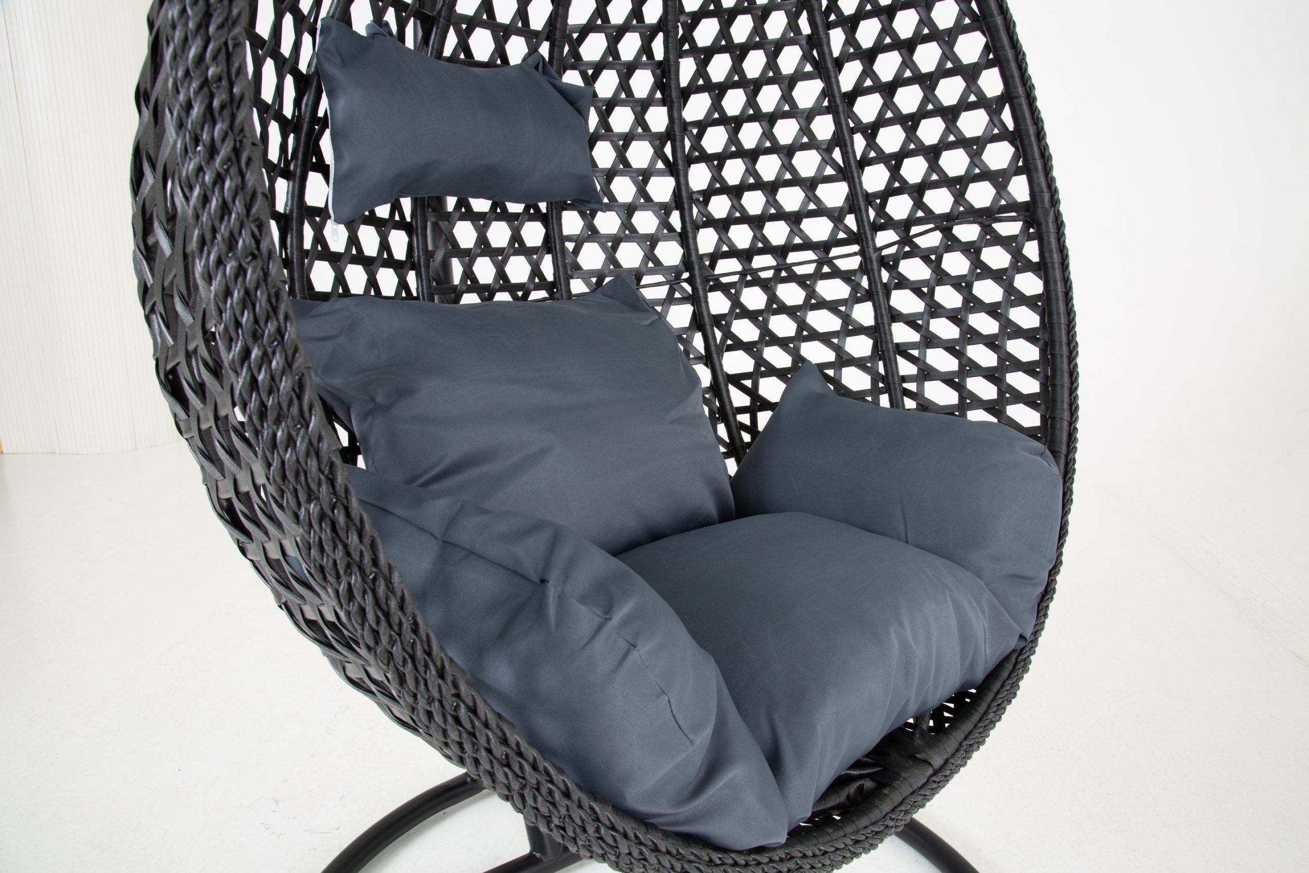 The Onyx Black Hanging Swing Pod Egg Chair - Large with deep Grey Cushions - Image 3