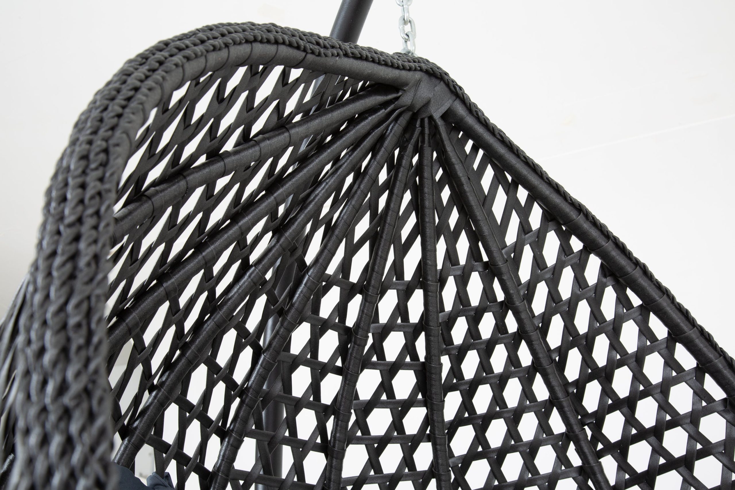 The Onyx Black Hanging Swing Pod Egg Chair - Large with deep Grey Cushions - Image 7