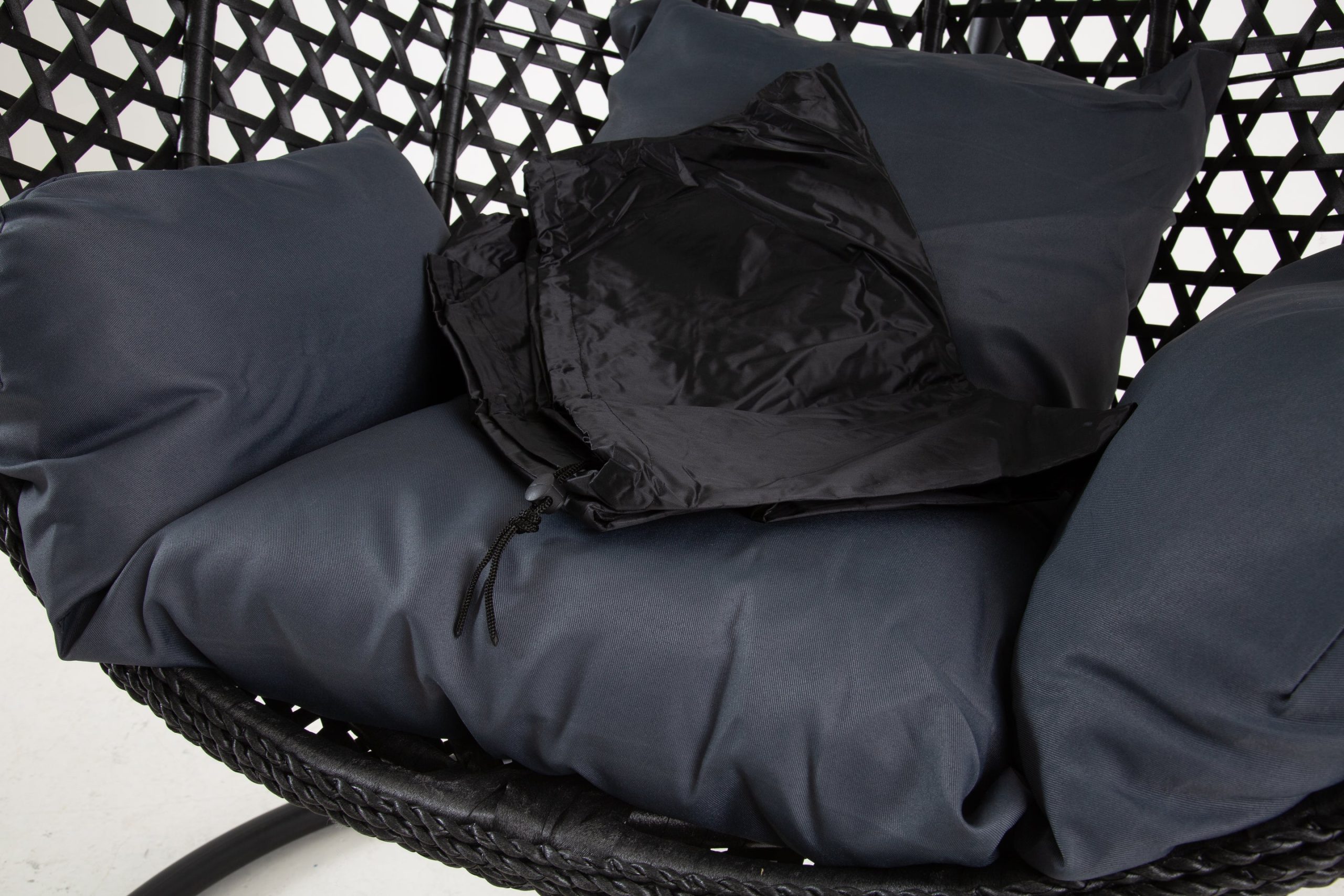 The Onyx Black Hanging Swing Pod Egg Chair - Large with deep Grey Cushions - Image 6