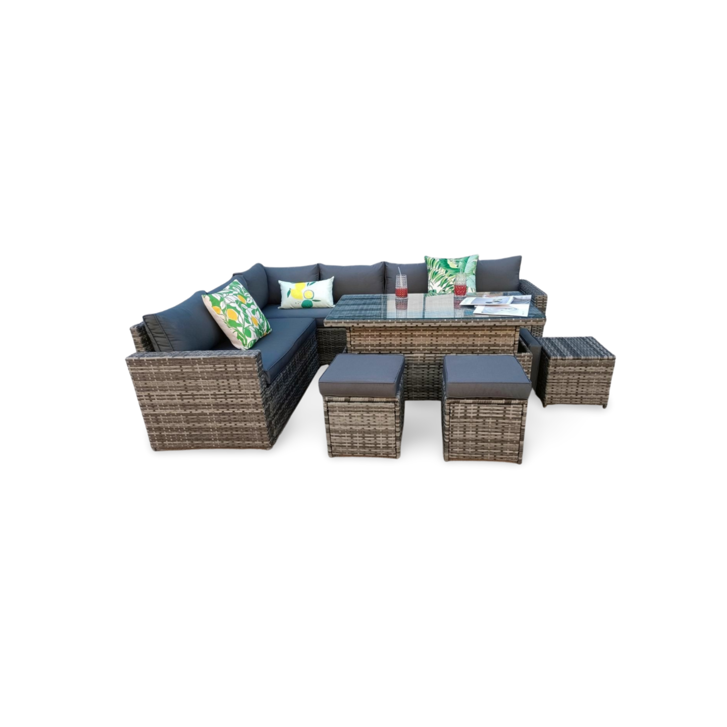 The Tarporley Grey 9 Seat Corner Rattan Dining Set - Rising Table - Image 2