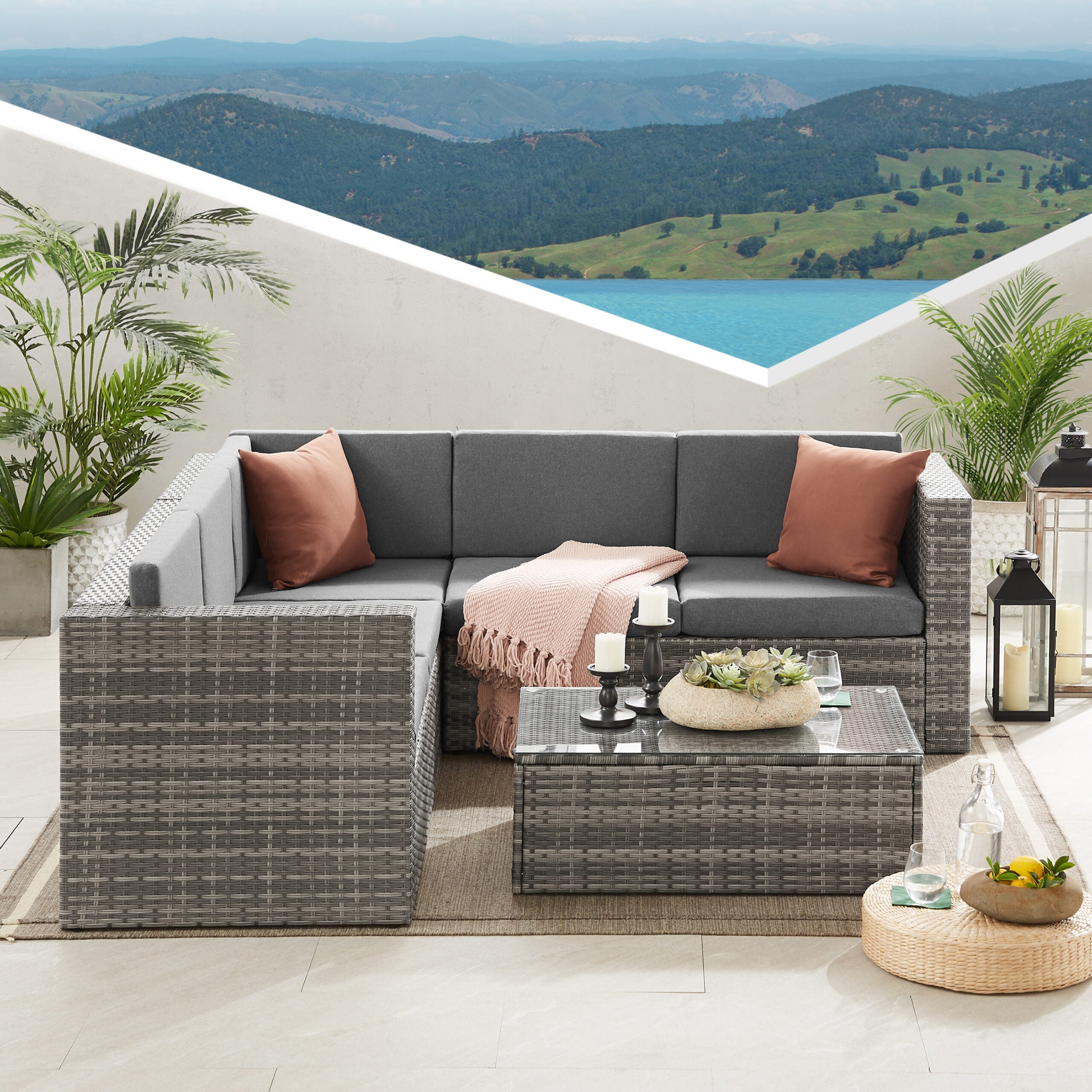 The Tatton Grey Rattan Garden Furniture 6 Seat Corner Sofa and Coffee Table Patio Set - Image 2