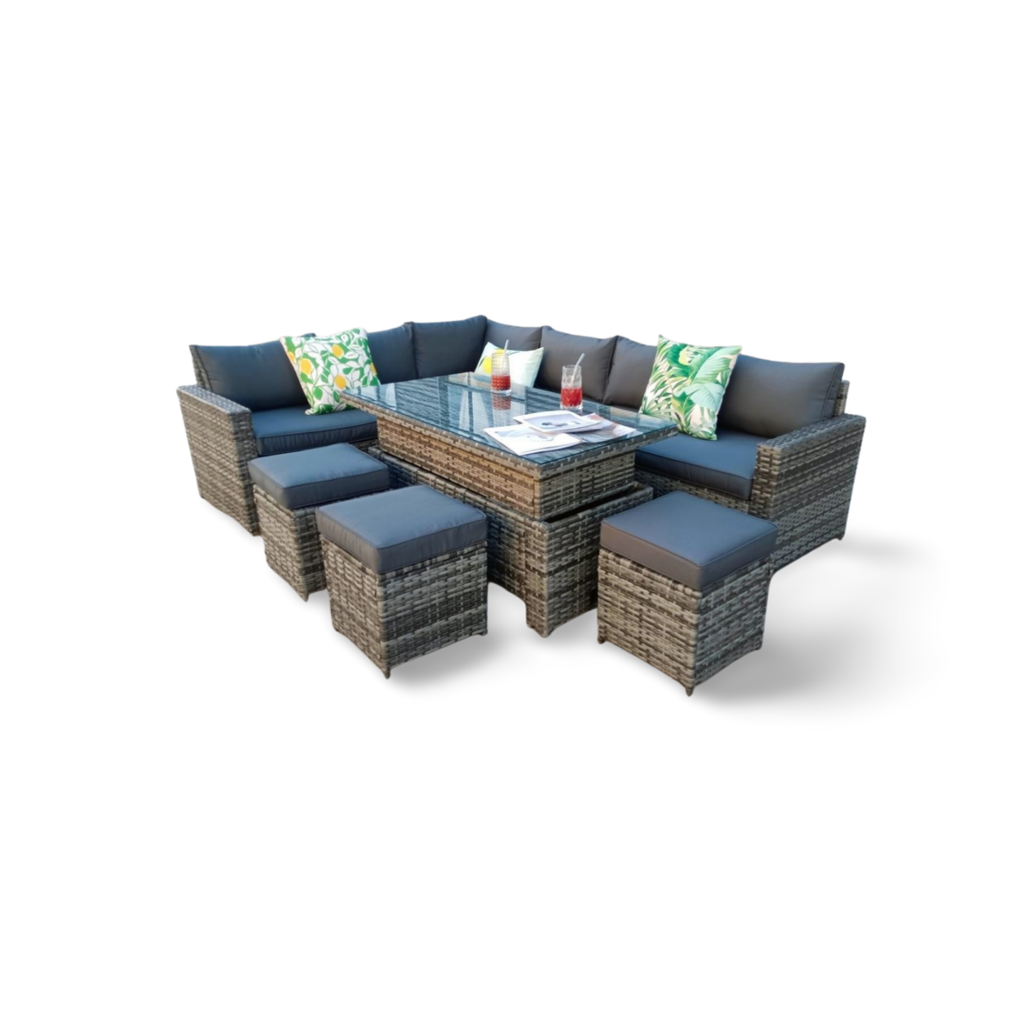 The Tarporley Grey 9 Seat Corner Rattan Dining Set - Rising Table - Image 3