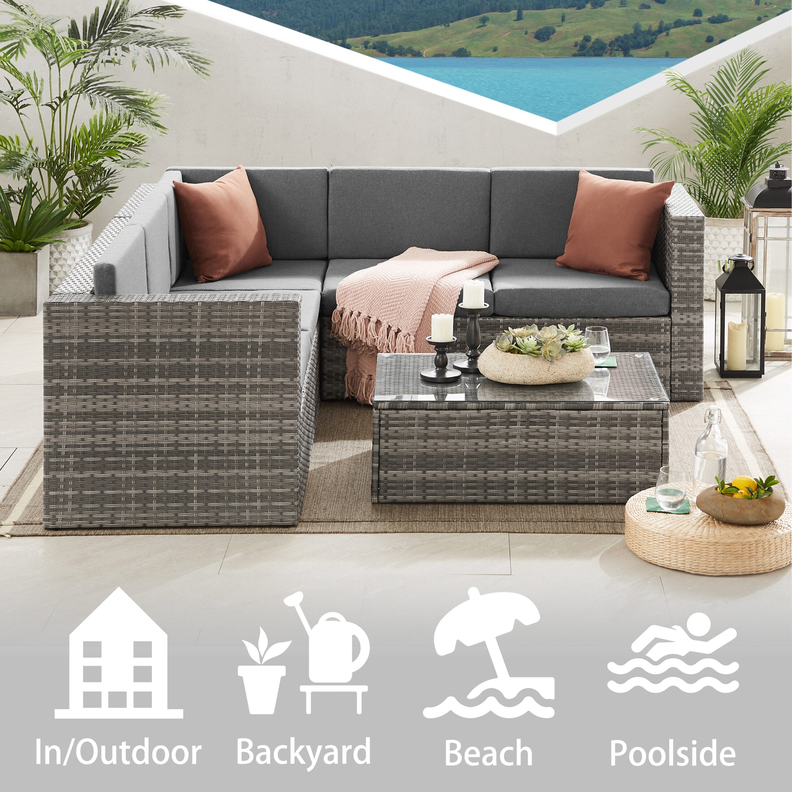 The Tatton Grey Rattan Garden Furniture 6 Seat Corner Sofa and Coffee Table Patio Set - Image 4