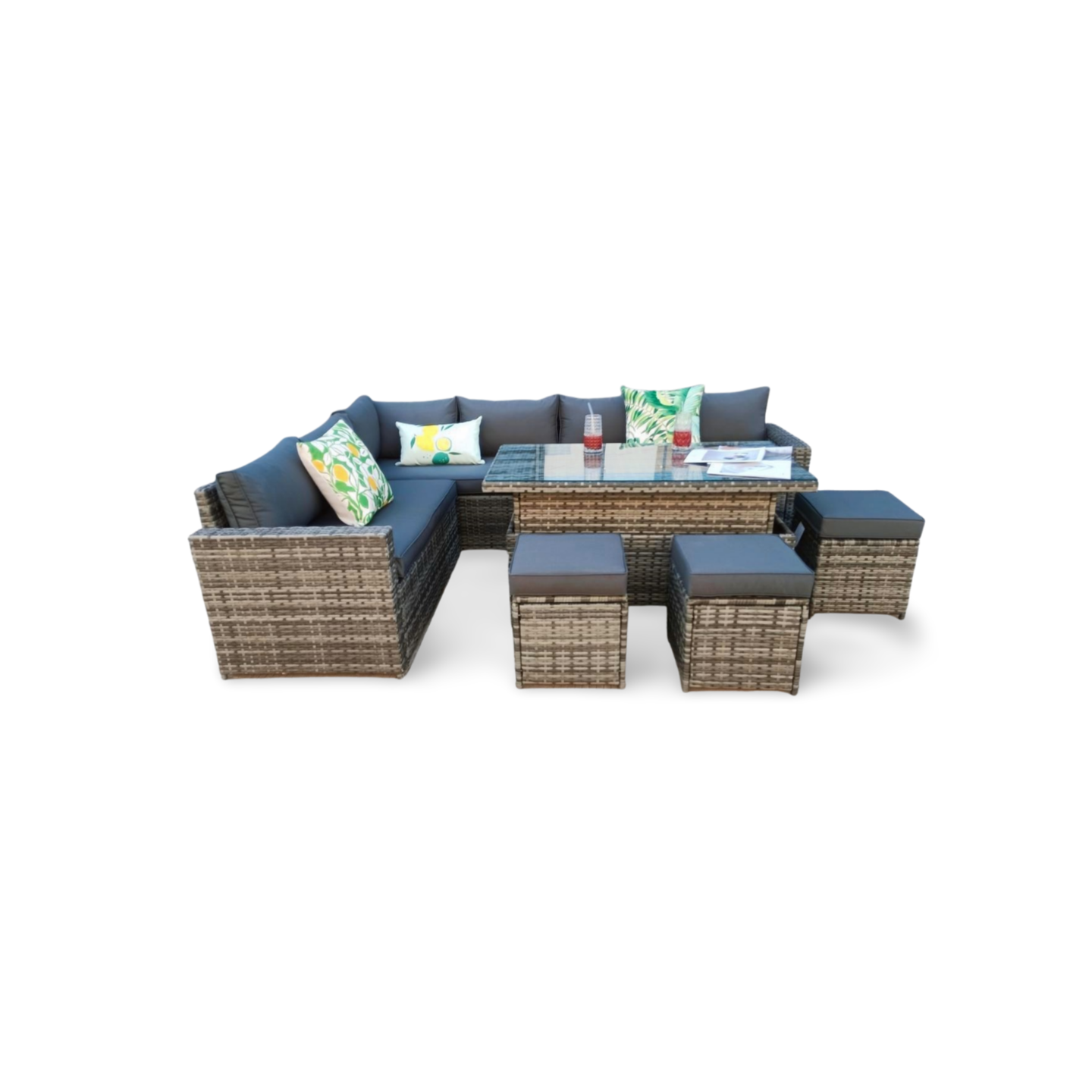 The Tarporley Grey 9 Seat Corner Rattan Dining Set - Rising Table - Image 4