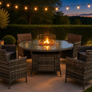 Ennerdale Rattan Fire Pit Dining Set - Round Table with 6 Chairs