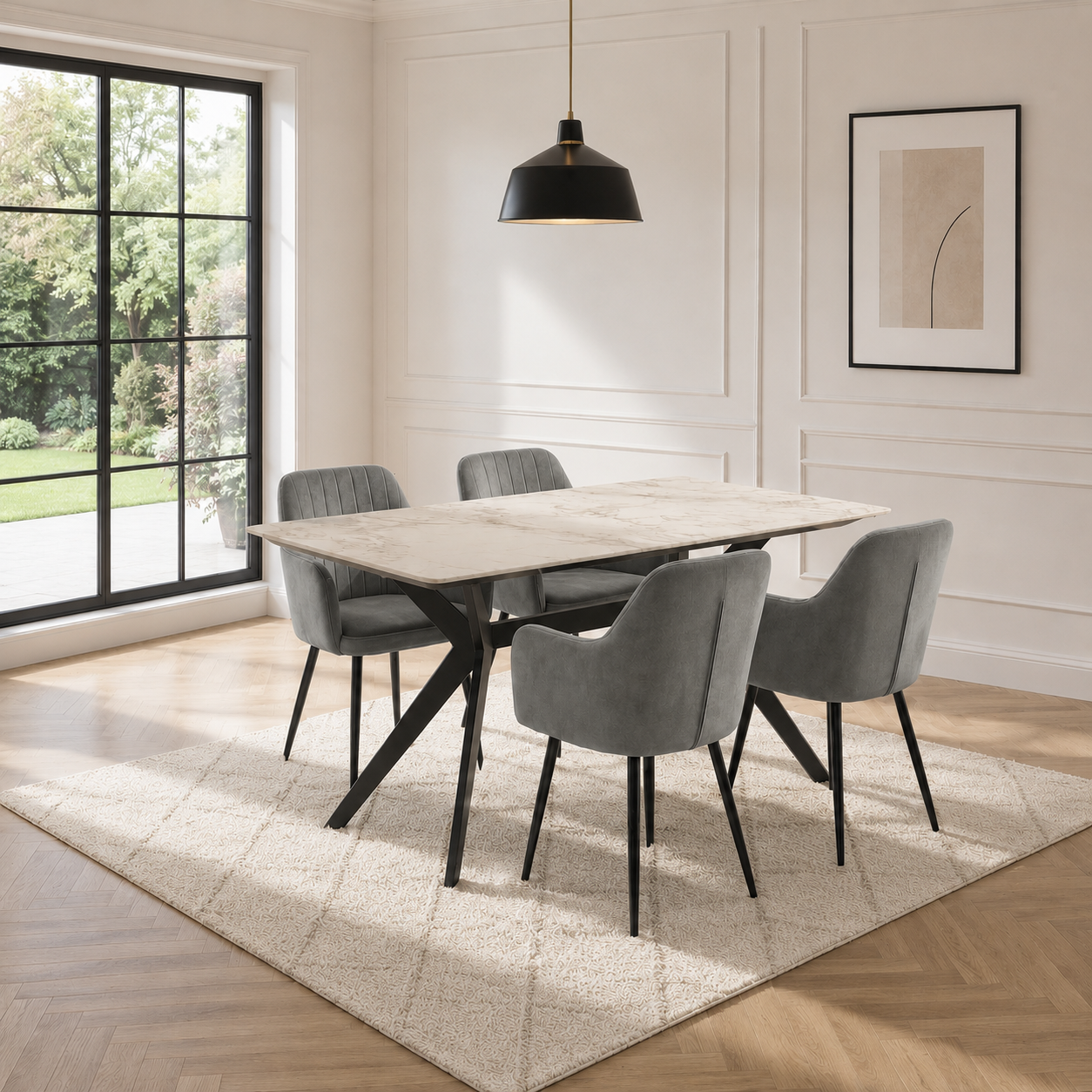 Grasmere Marble Top Dining Table with Linnet Velvet Chairs