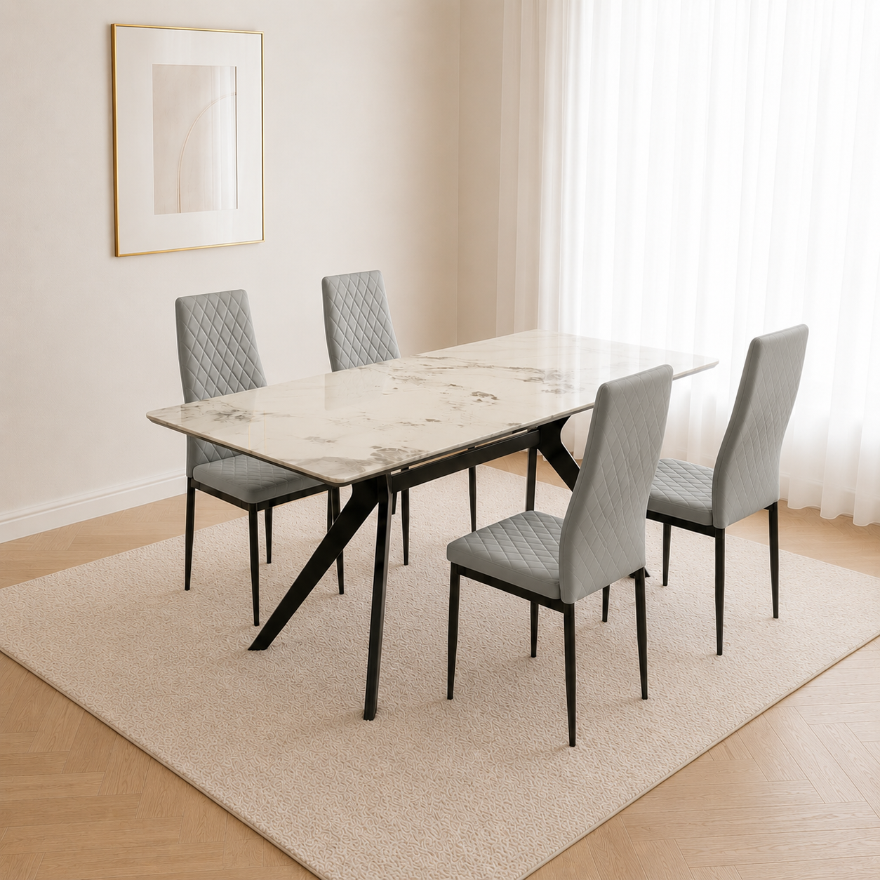 Grasmere Marble Top Dining Table with Merlin Leather Chairs