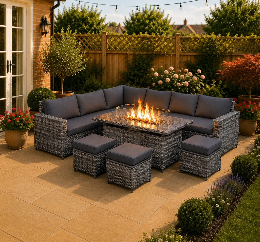 The Derwentwater Grey 9 Seat Corner Firepit Rattan Dining Set