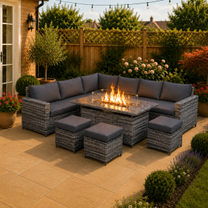 The Derwentwater Grey 9 Seat Corner Firepit Rattan Dining Set