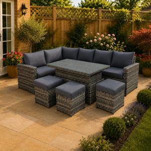The Derwentwater Grey 9 Seat Corner Rattan Dining Set - Rising Table