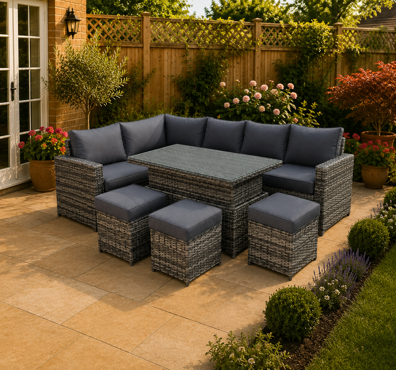 The Derwentwater Grey 9 Seat Corner Rattan Dining Set - Rising Table
