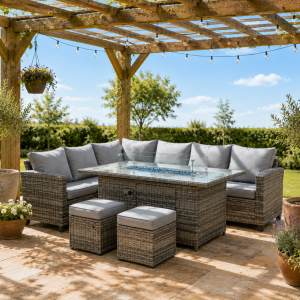 The Bassenthwaite 8 Seat Corner Gas Firepit Rattan Dining Set Dark Grey