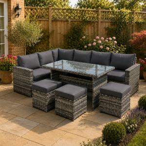 The Derwentwater Grey 9 Seat Corner Rattan Dining Set - Fixed Table