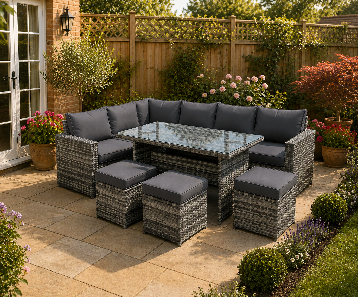 The Derwentwater Grey 9 Seat Corner Rattan Dining Set - Fixed Table