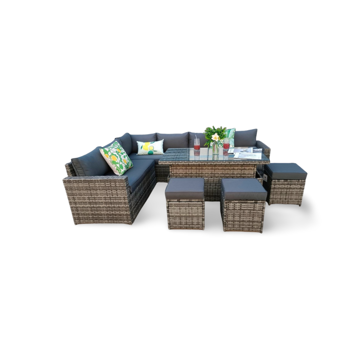 The Tarporley Grey 9 Seat Corner Rattan Dining Set - Rising Table - Image 6