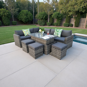 The Tarporley Grey 9 Seat Corner Rattan Dining Set - Rising Table