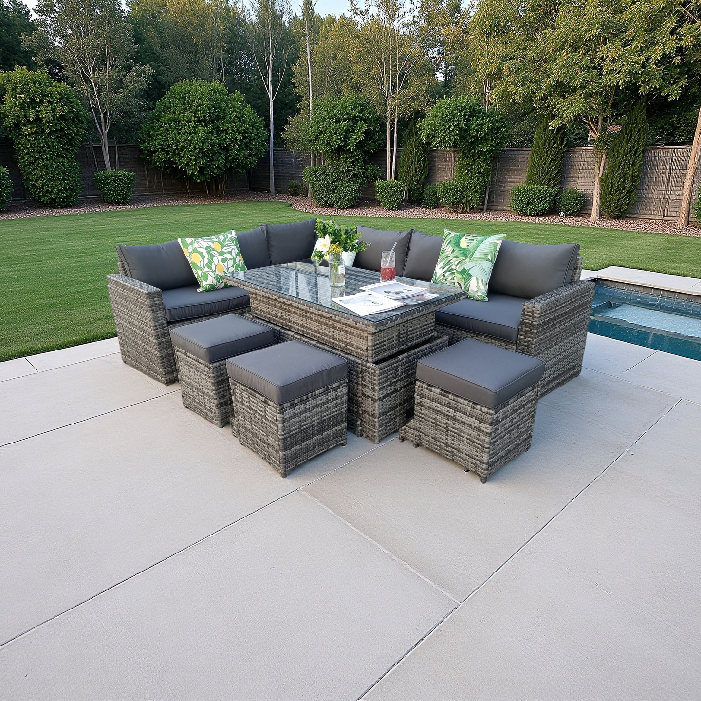 The Tarporley Grey 9 Seat Corner Rattan Dining Set - Rising Table