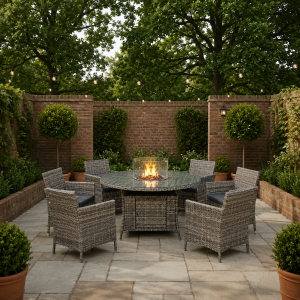 Amazon Rattan Fire Pit Dining Set - Round Table with 6 Chairs