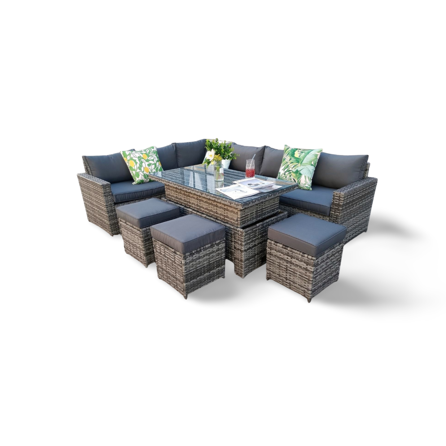The Tarporley Grey 9 Seat Corner Rattan Dining Set - Rising Table - Image 8