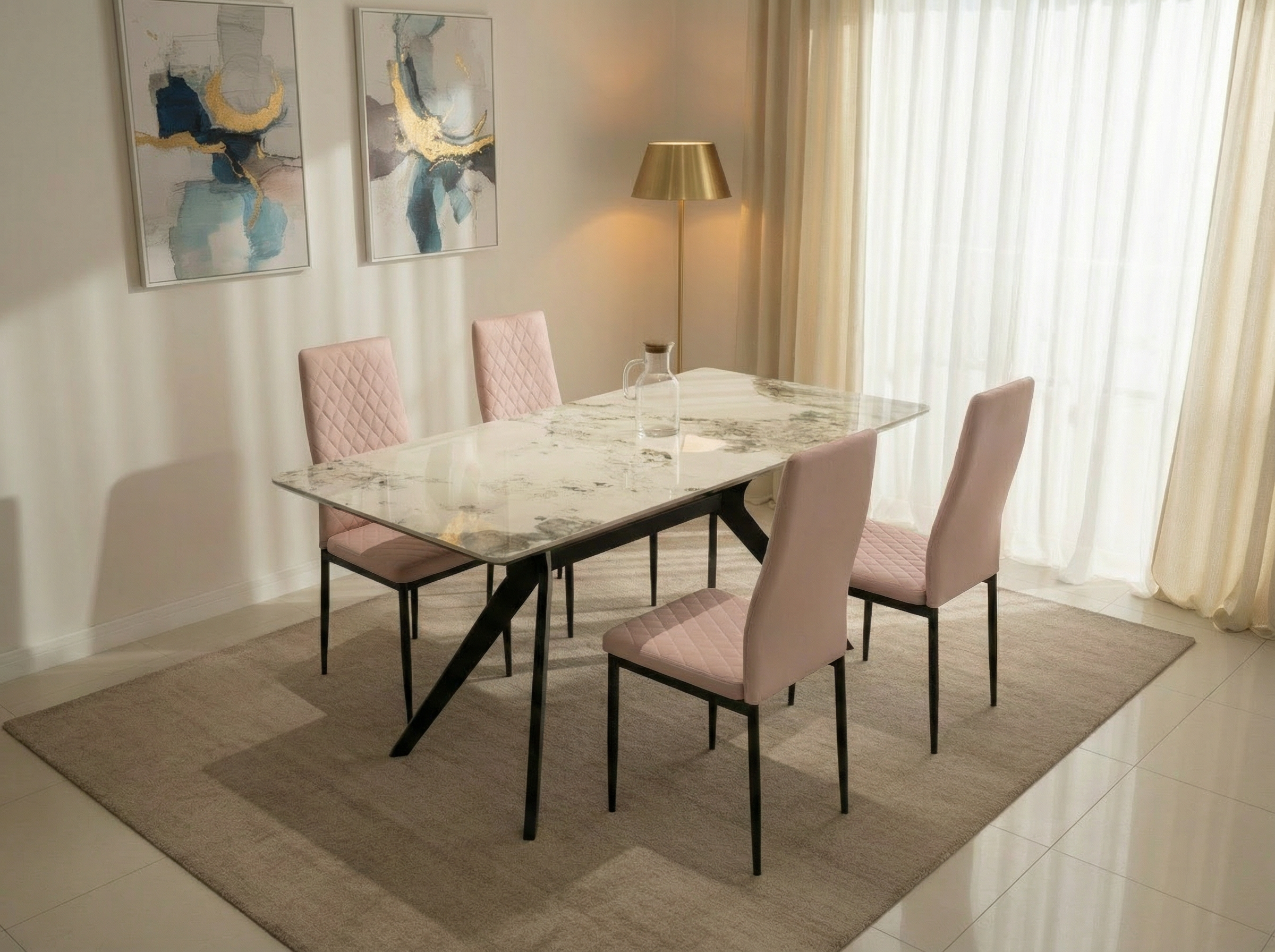 San Diego Marble Top Dining Table with Emily Leather Chairs - Image 2