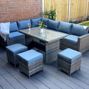 The Tarporley Grey 9 Seat Corner Rattan Dining Set - Fixed Table