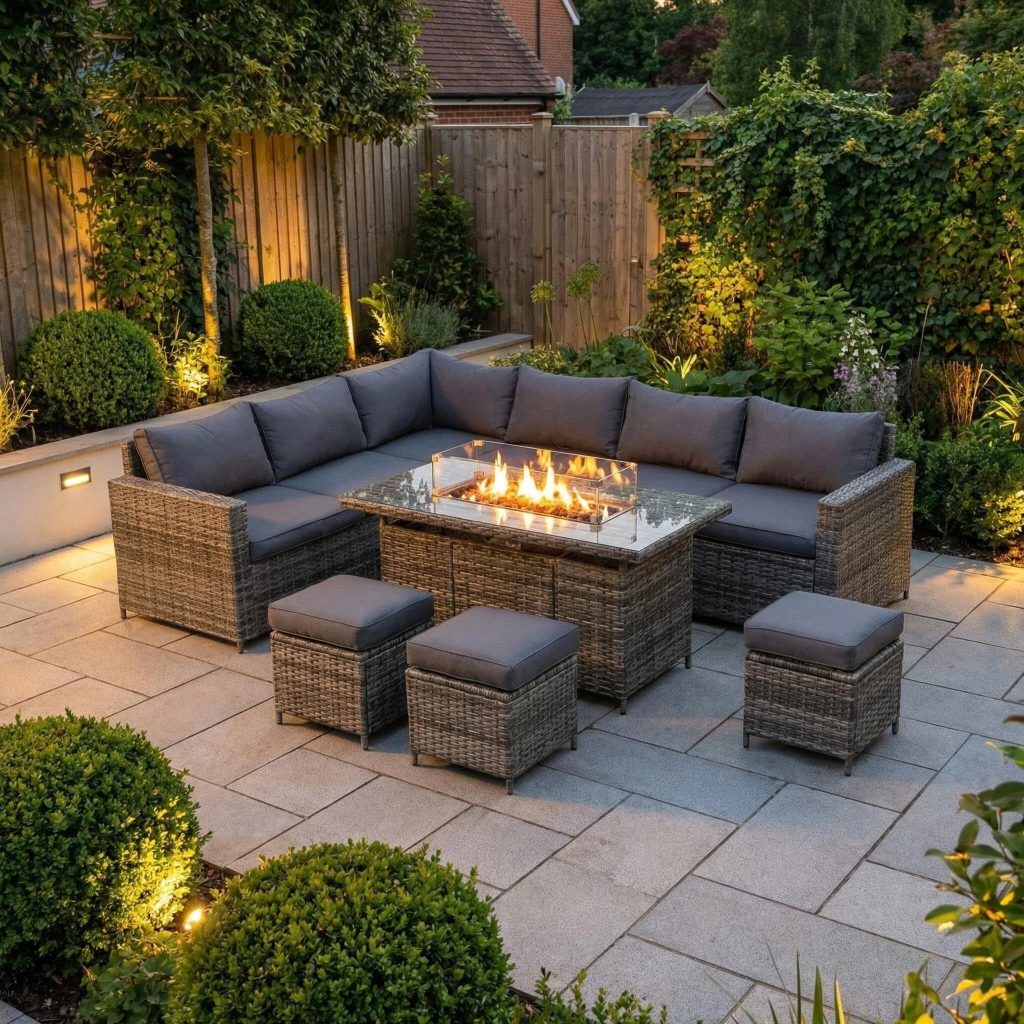 The Tarporley Grey 9 Seat Corner Firepit Rattan Dining Set