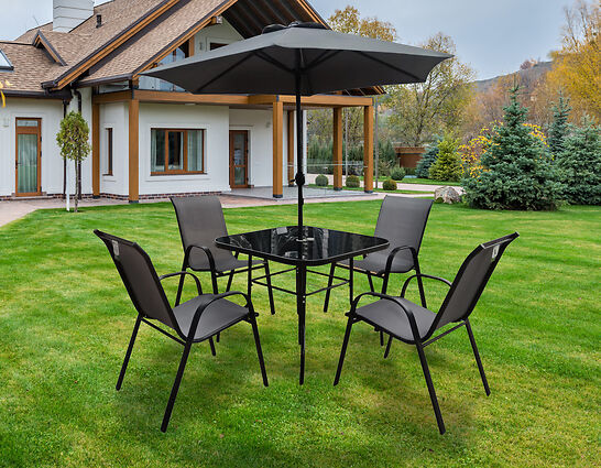 The Lancaster - Black and Grey Metal 4 Seat Garden Dining Set including Parasol - Image 7
