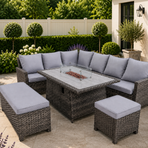 The Langdale Grey Aluminium 9 Seat Corner Gas Firepit Rattan Dining Set