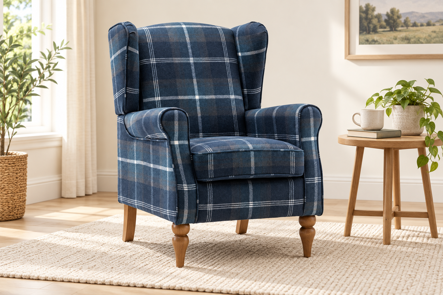 The Freya Wingback Chair – Navy Tartan