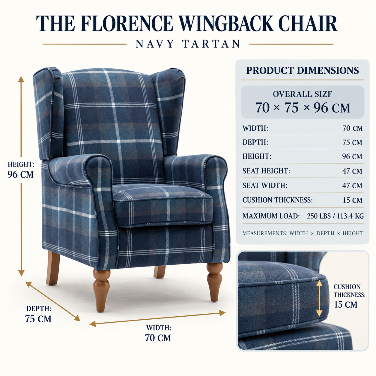 The Freya Wingback Chair – Navy Tartan - Image 2