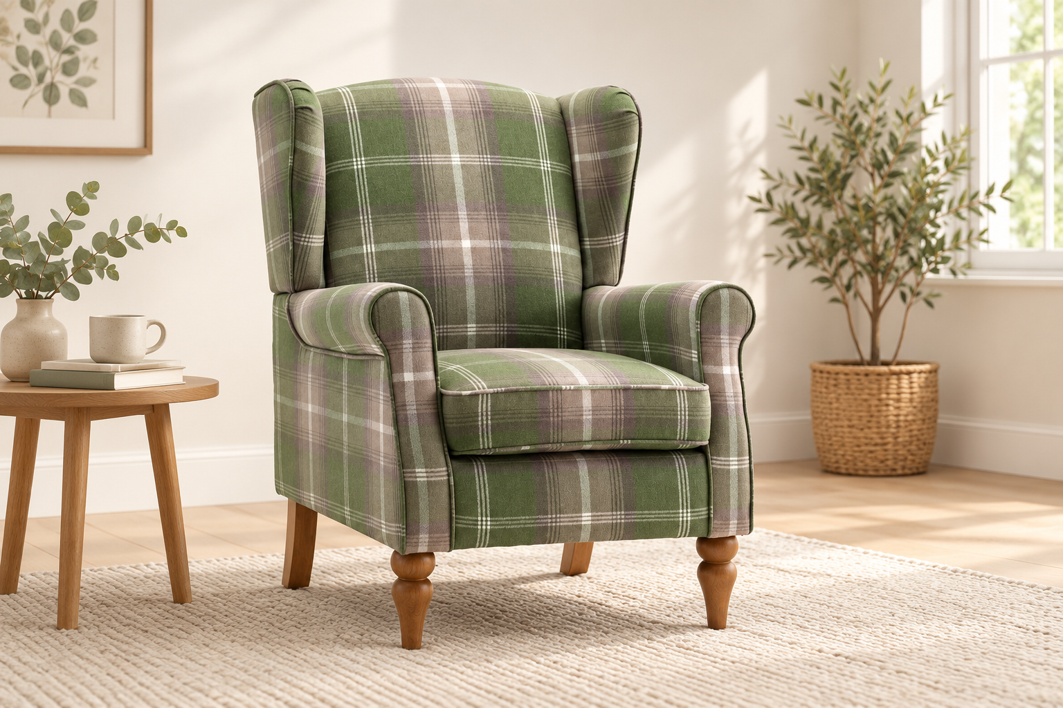 The Freya Wingback Chair – Sage Tartan