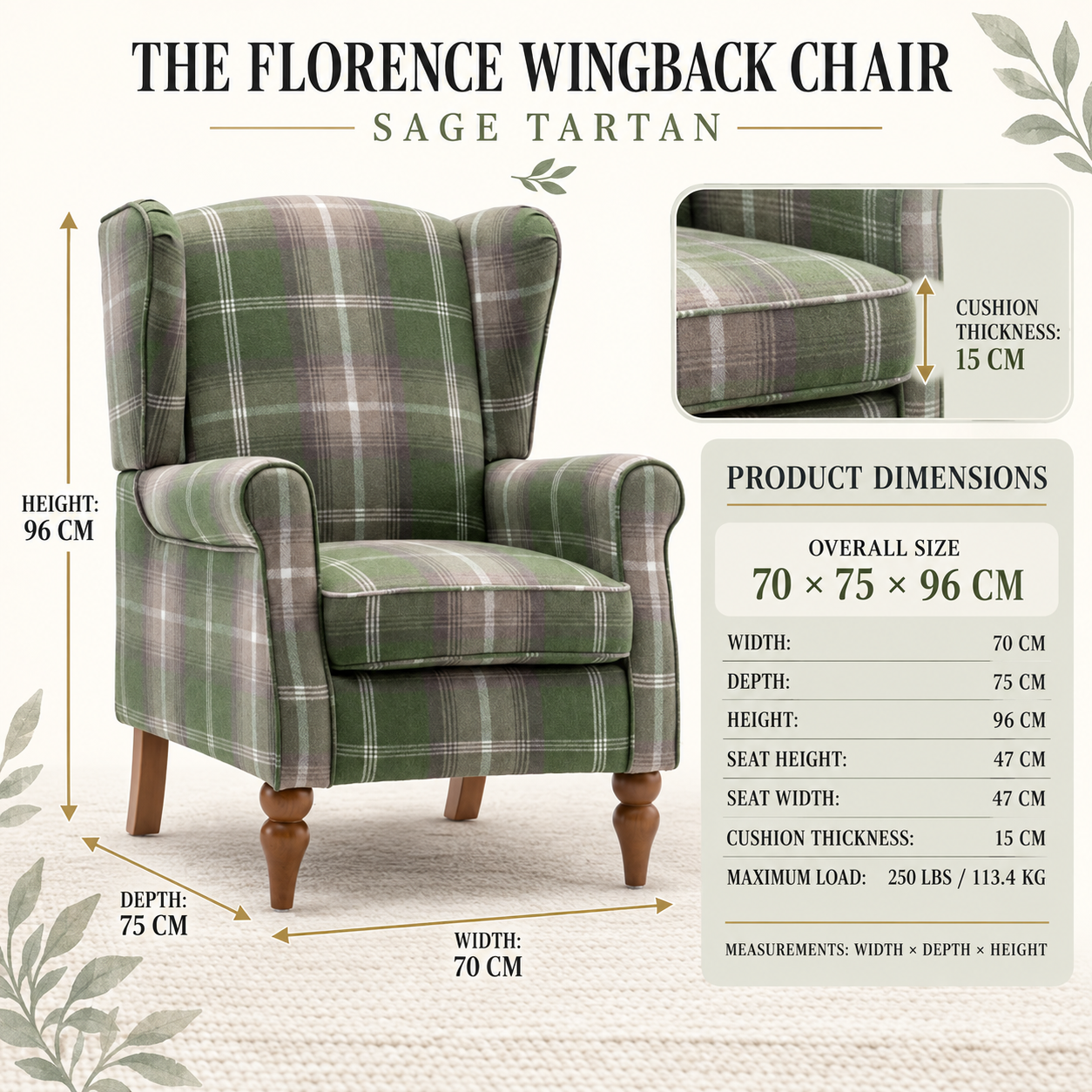 The Freya Wingback Chair – Sage Tartan - Image 2