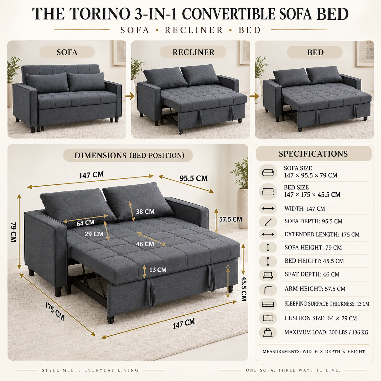The Torino 3-in-1 Convertible Sofa Bed - Image 5